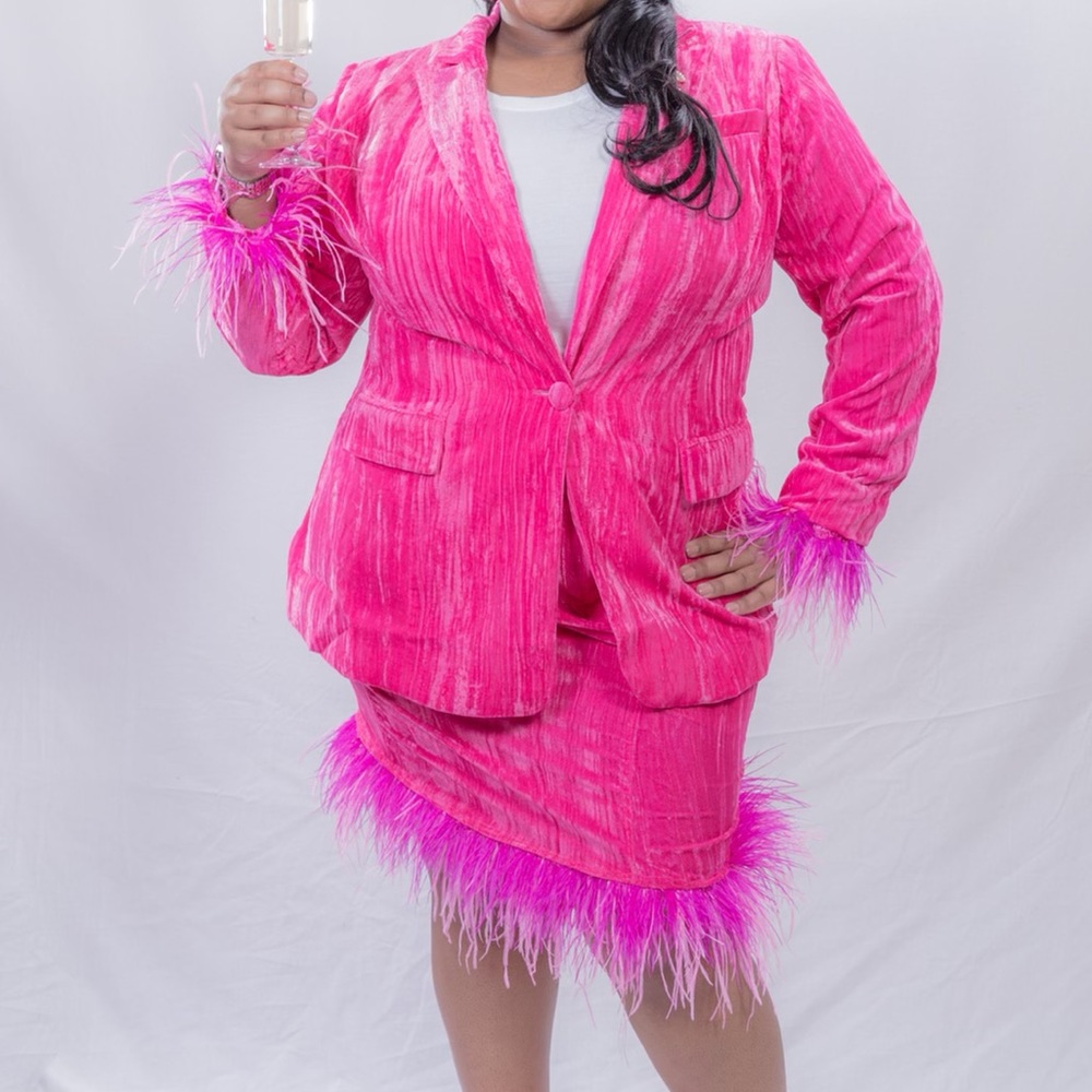 One of a  Kind Hot Pink Two Piece Velvet Skirt Suit